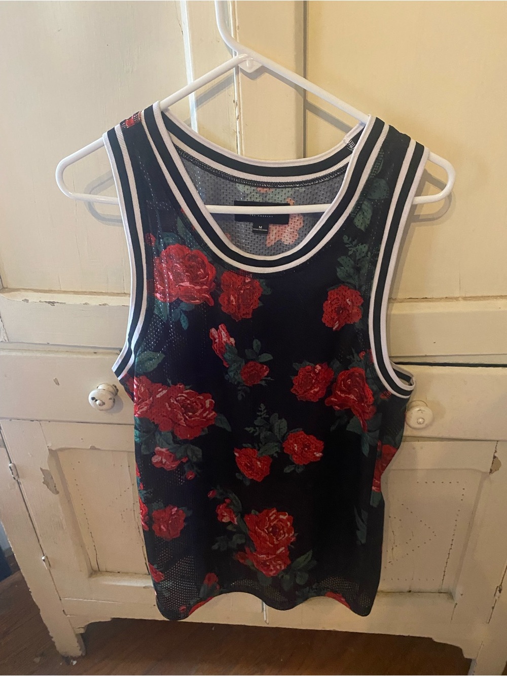 PacSun Black Mesh Tank Top with Red Rose Print